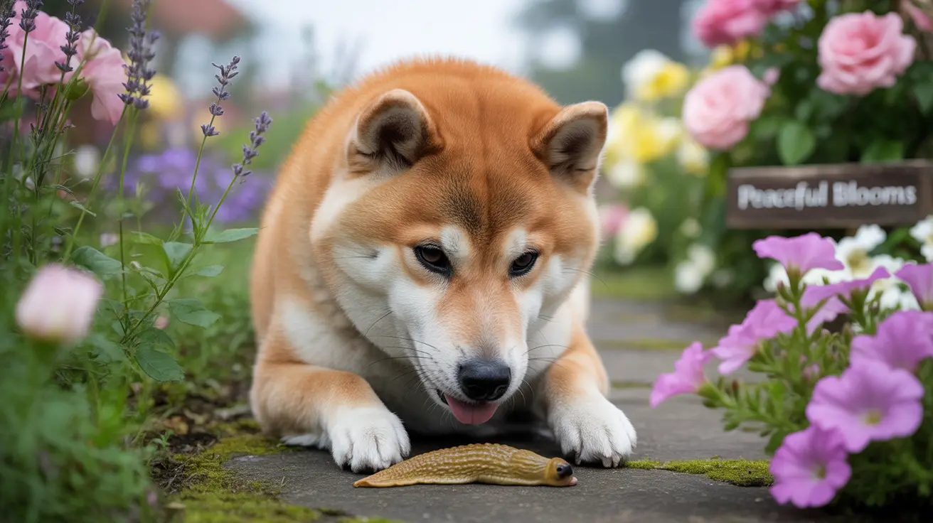 A Shiba Inu curiously observing a slug on a moss-covered stone path in a vibrant garden