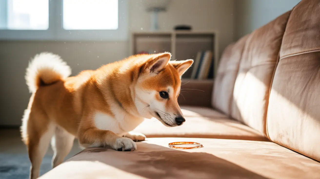 A Shiba Inu curiously looking at a ring on a leather couch in a sunlit living room