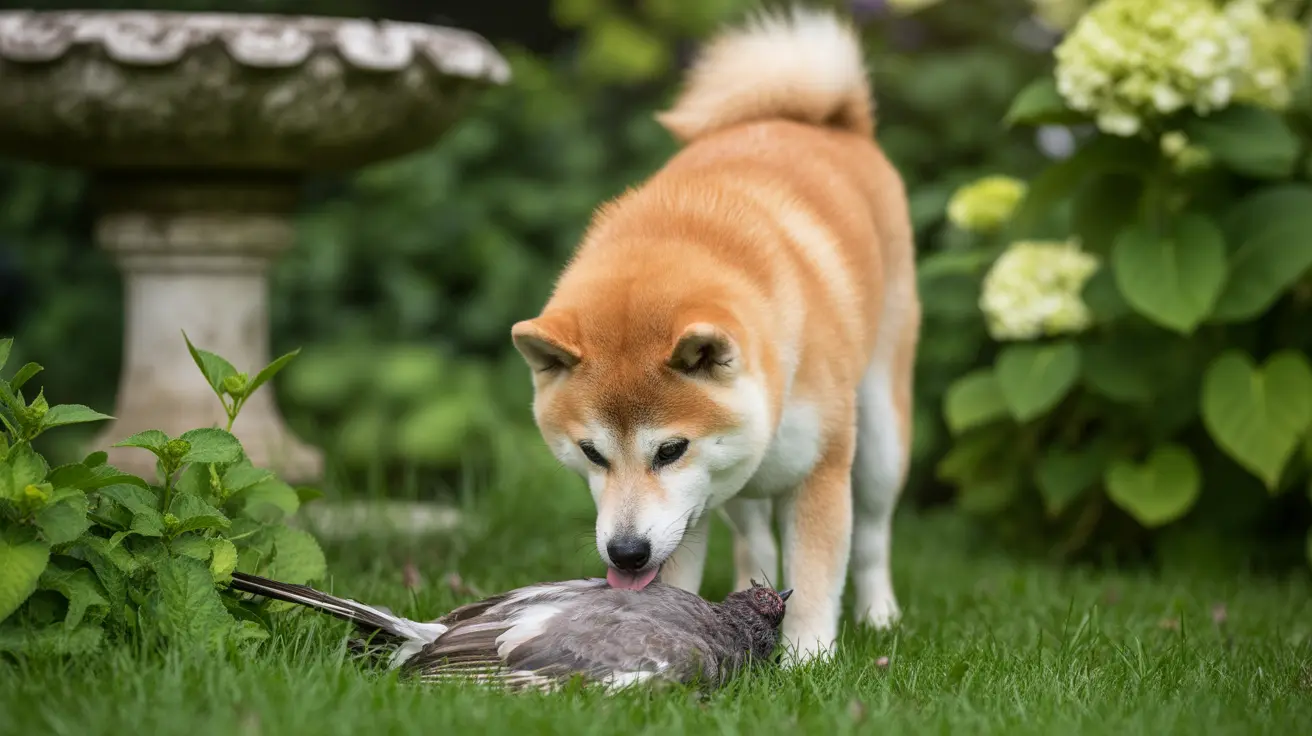 A Shiba Inu standing over a fallen bird in a garden setting