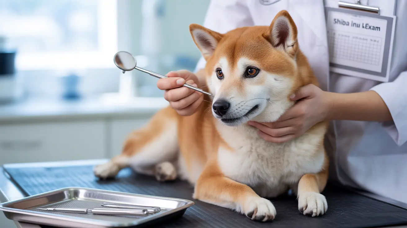 A Shiba Inu receiving a veterinary examination with a dental check