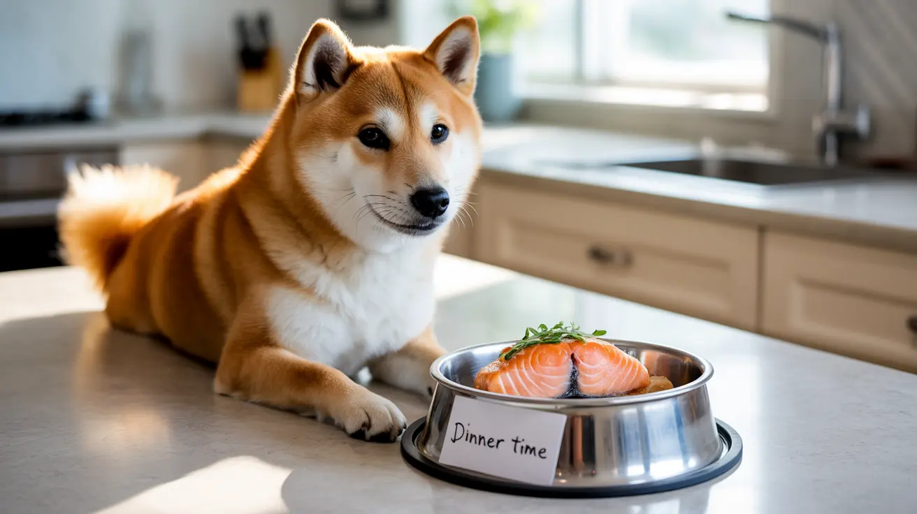 A Shiba Inu sitting near a bowl of salmon with a 'Dinner time' label