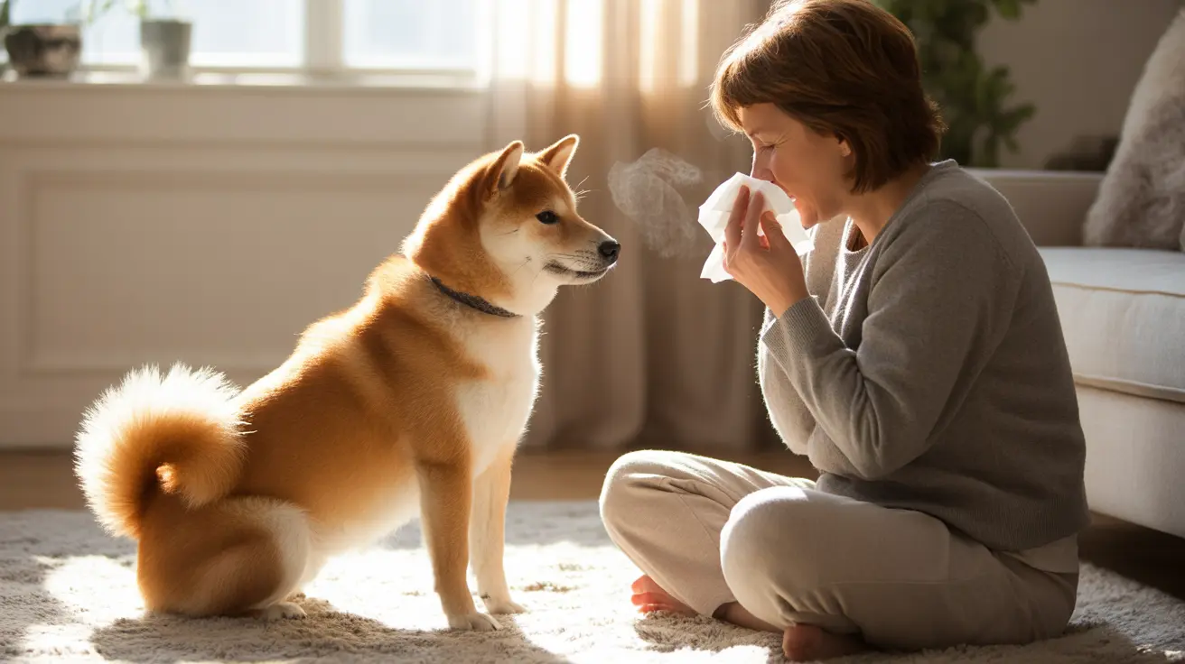 Shiba Inu next to a person blowing their nose in a sunlit living room