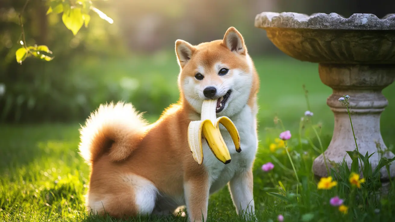 Shiba Inu dog holding a banana in its mouth in a sunny garden