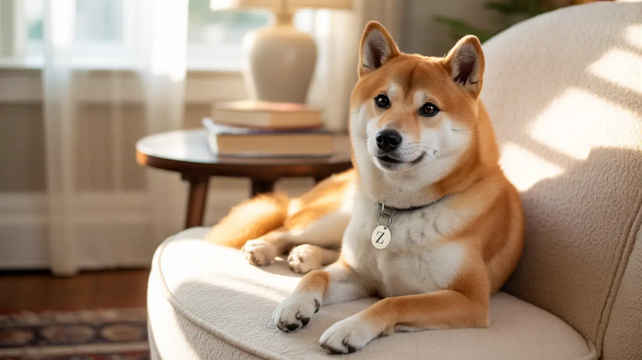 A Shiba Inu dog sitting comfortably on a beige armchair in a well-lit living room