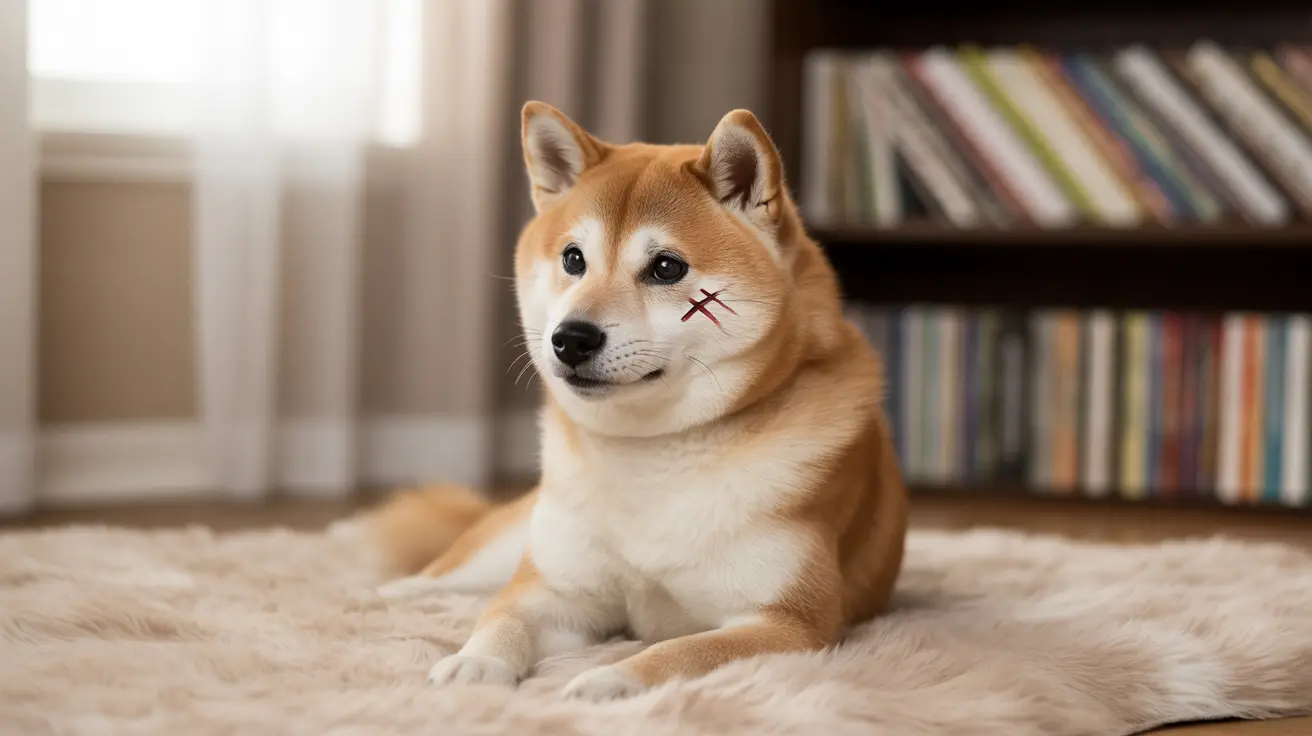 Reddish-tan and white Shiba Inu sitting on a soft beige rug with a bookshelf in the background
