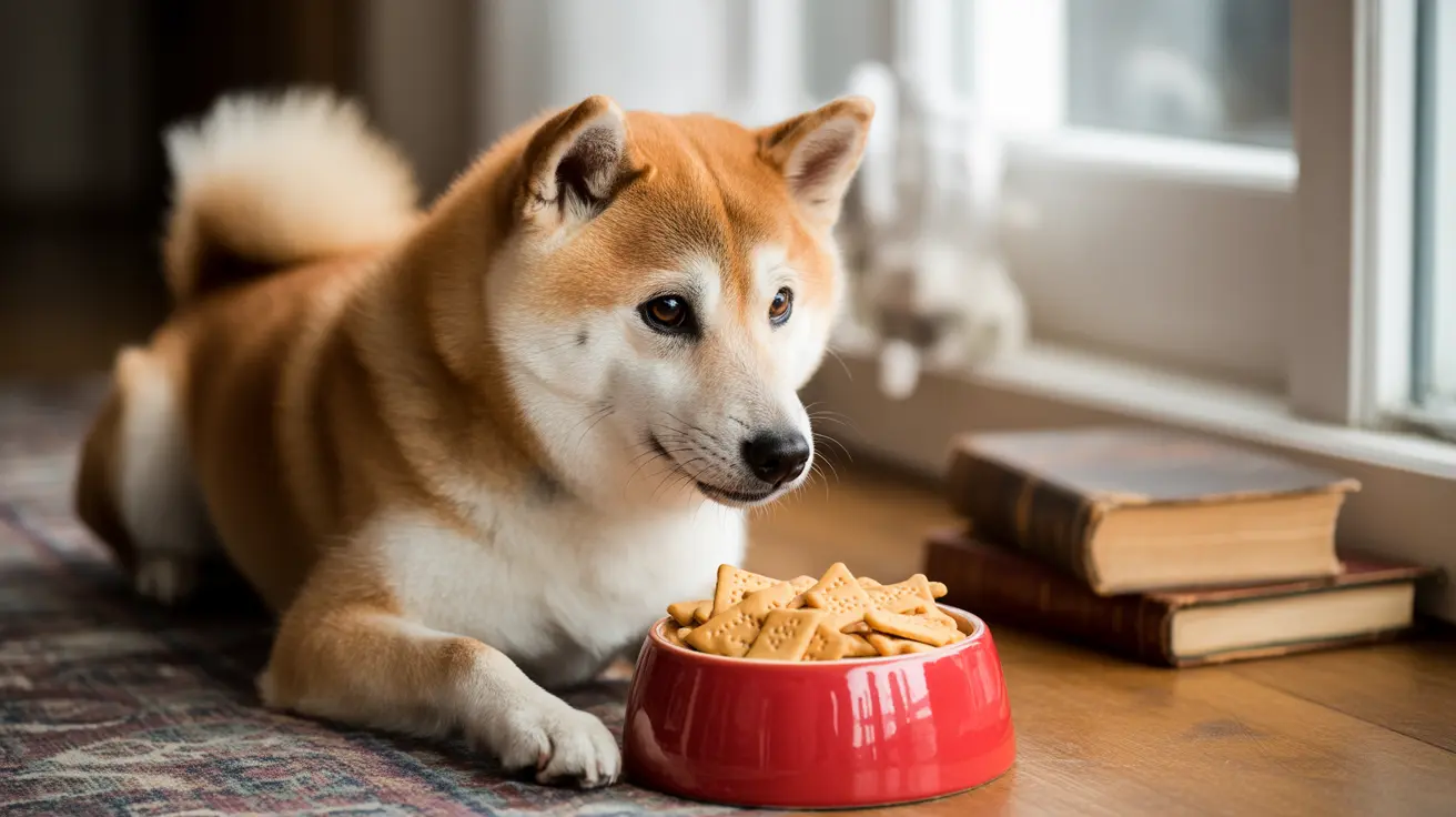 A tan and white Shiba Inu sitting calmly next to a red bowl filled with bone-shaped dog treats
