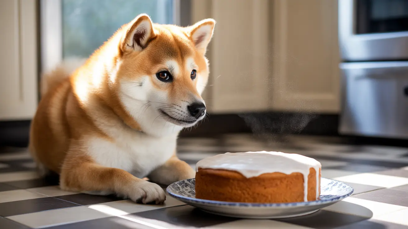 A Shiba Inu dog sitting close to a freshly baked cake, looking intently at the dessert