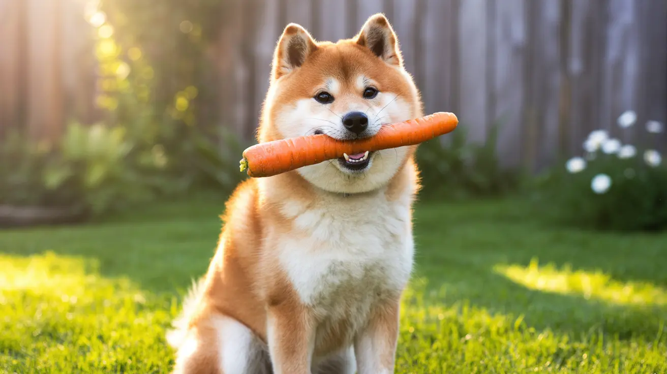 A Shiba Inu dog holding a whole carrot in its mouth while sitting on a sunny grass lawn