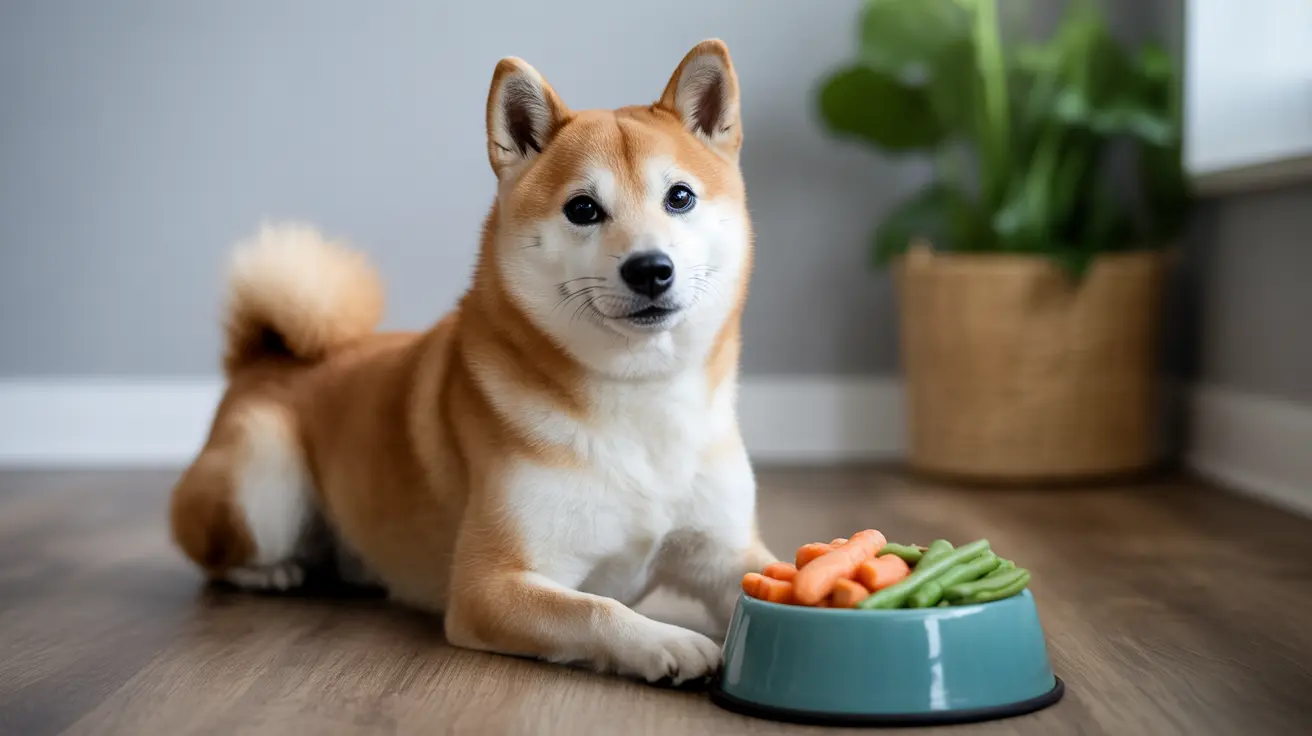 A Shiba Inu sitting attentively next to a blue bowl filled with fresh carrots and green beans.