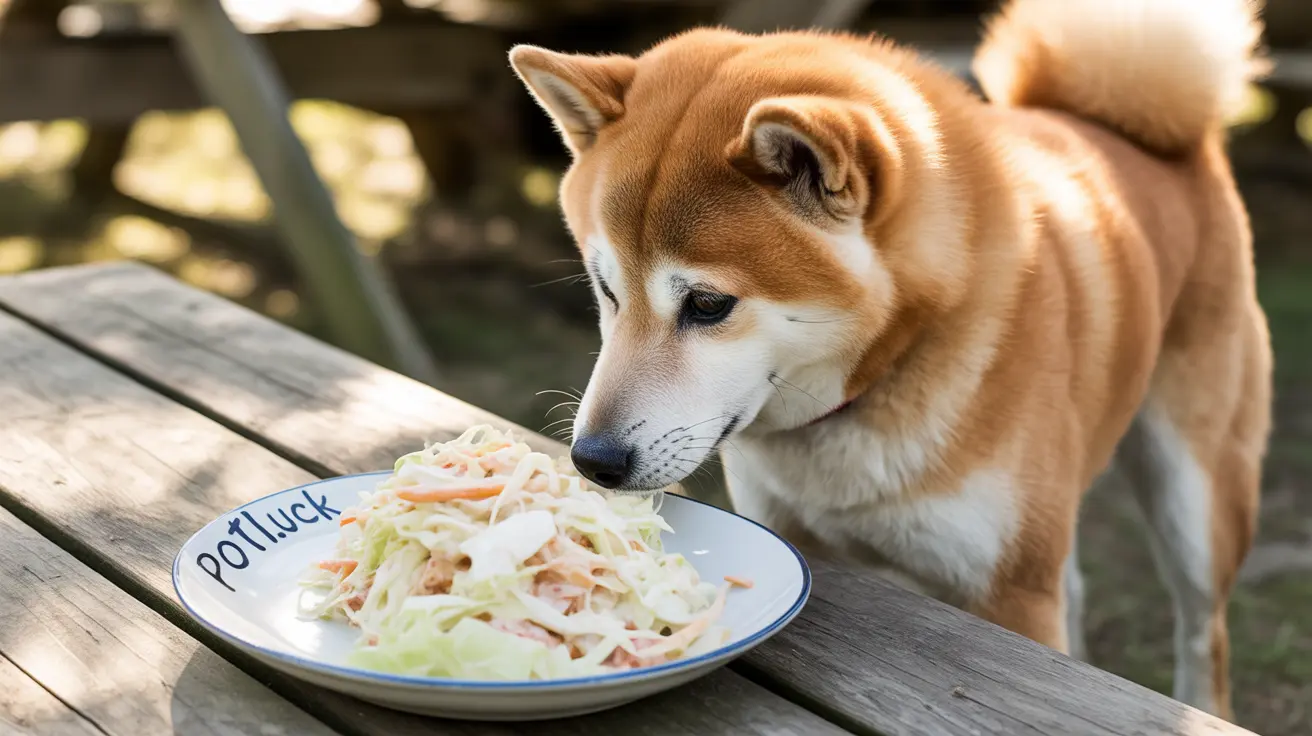 A Shiba Inu dog curiously examining a plate of coleslaw at an outdoor wooden table
