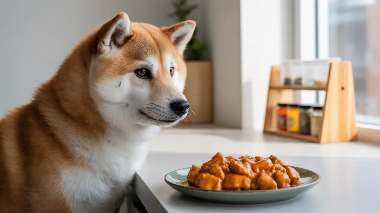 A Shiba Inu dog sitting next to a plate of cooked meat in a kitchen setting