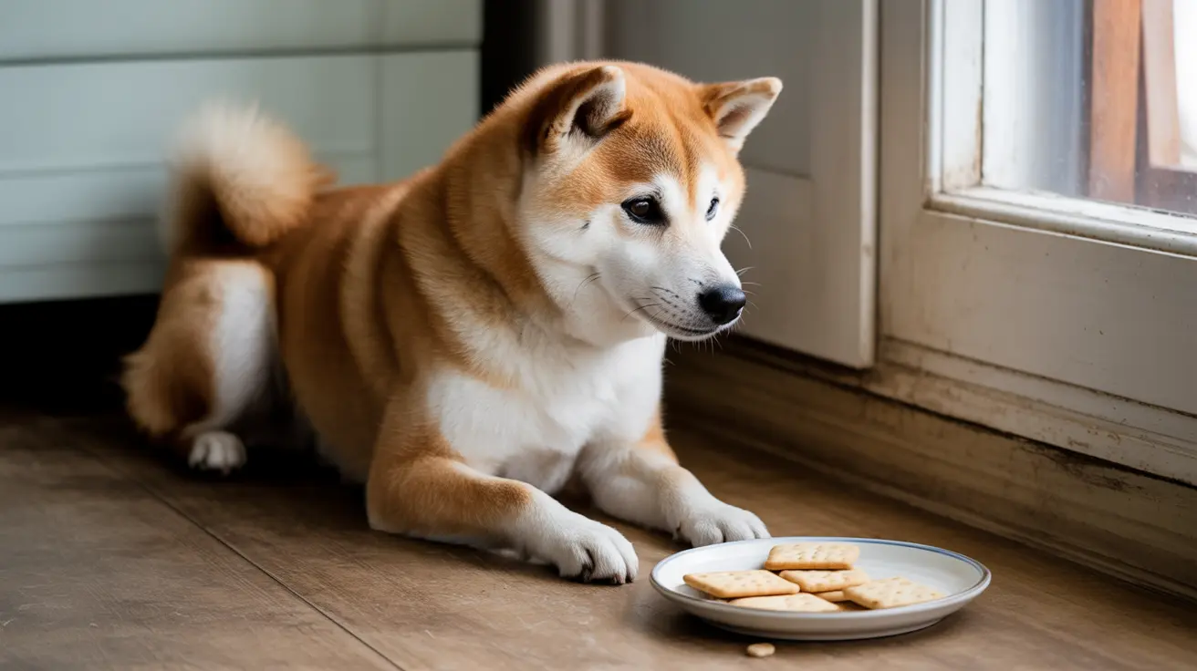 A Shiba Inu dog sitting near a plate of crackers by a window