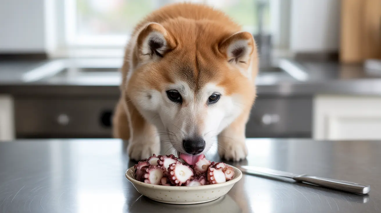 A Shiba Inu dog curiously examining a bowl of cooked octopus tentacles on a kitchen counter