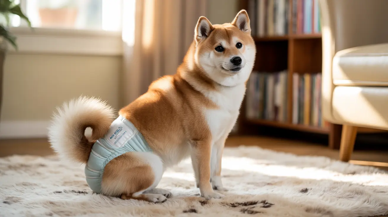 Shiba Inu in a light blue diaper on a fluffy rug in a cozy home