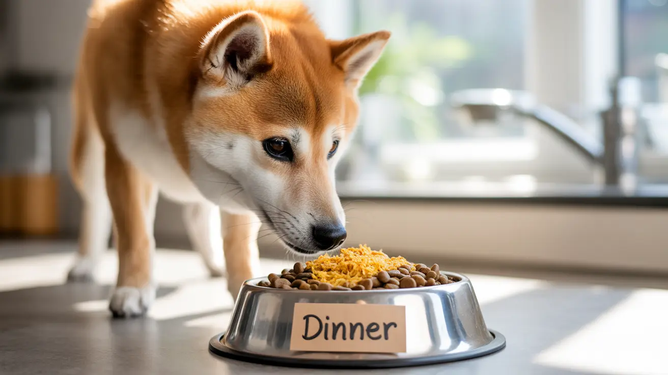 A Shiba Inu dog examining its dinner in a metal bowl near a bright window.