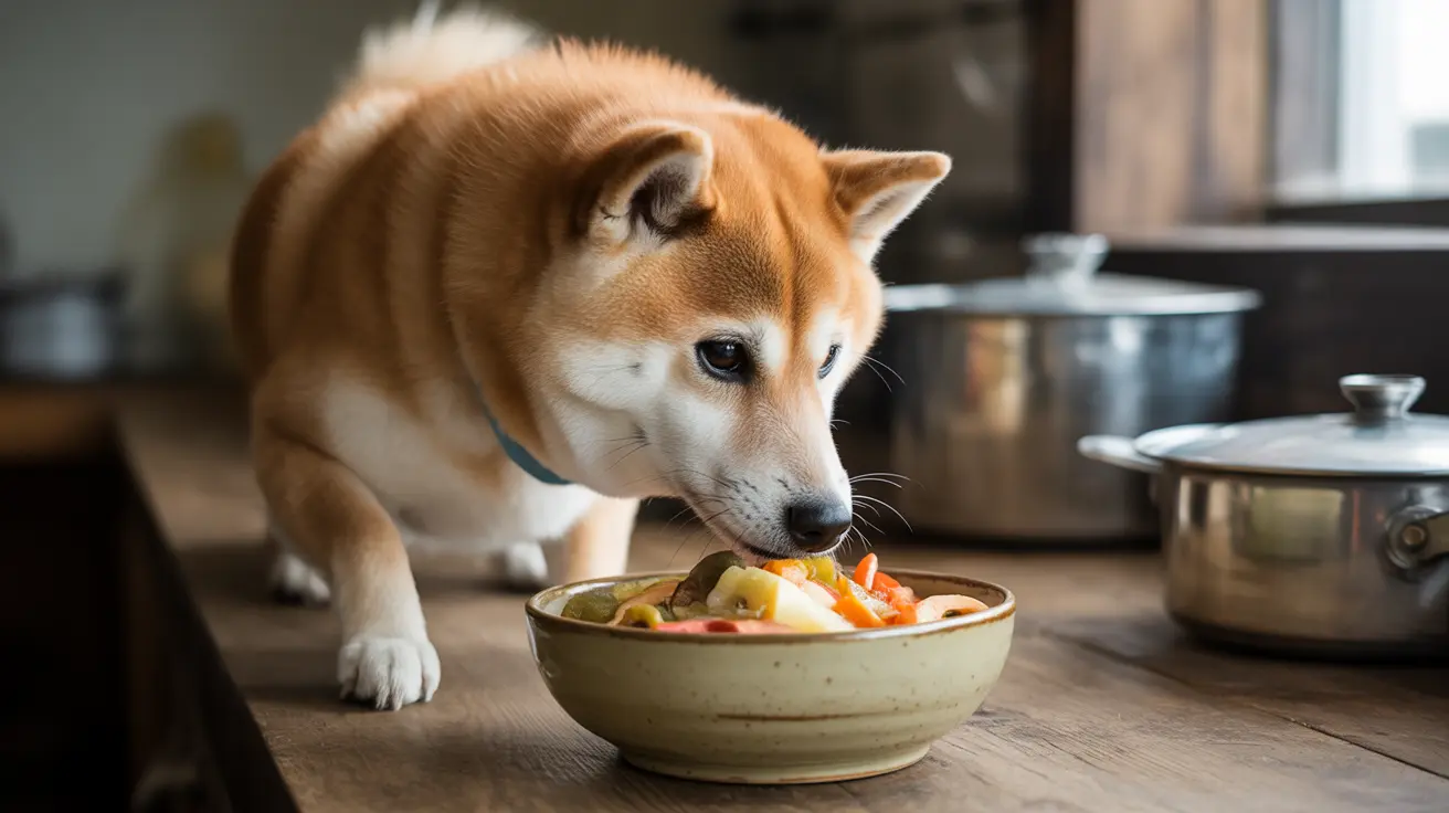 Un perro Shiba Inu comiendo de un tazón de cerámica lleno de comida colorida en una cocina.
