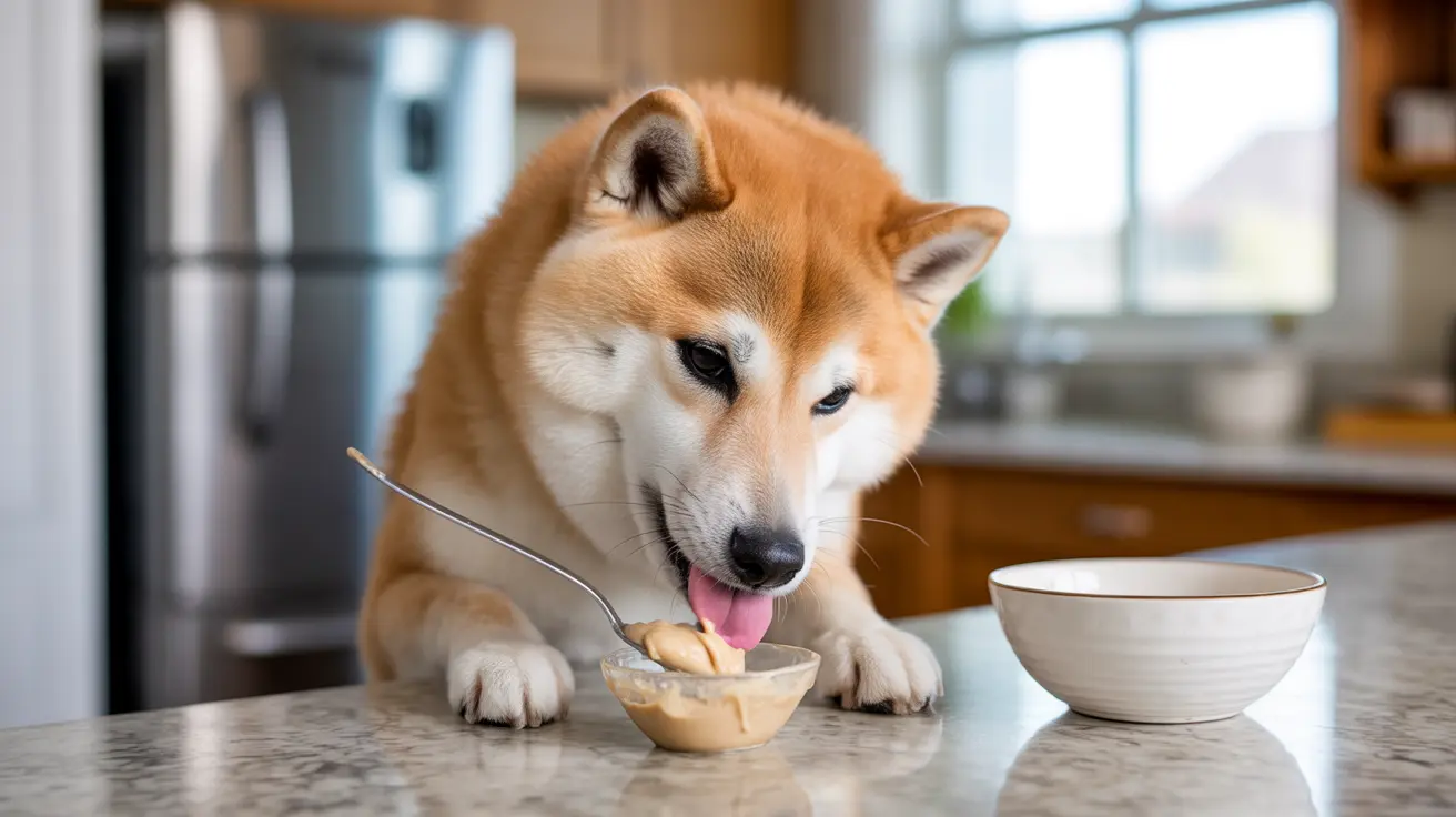 A Shiba Inu dog eating from a small bowl using a spoon in a kitchen setting