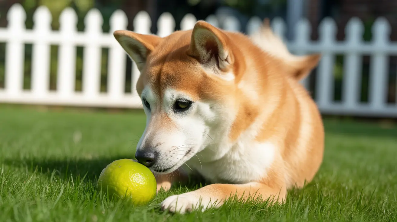 A Shiba Inu dog sitting on green grass examining a bright yellow-green lemon or tennis ball