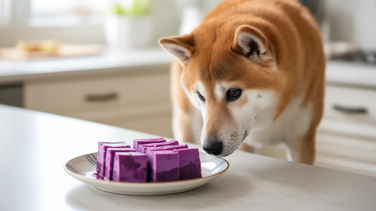 Un perro Shiba Inu observa con curiosidad unos cubos de comida morados en un plato.
