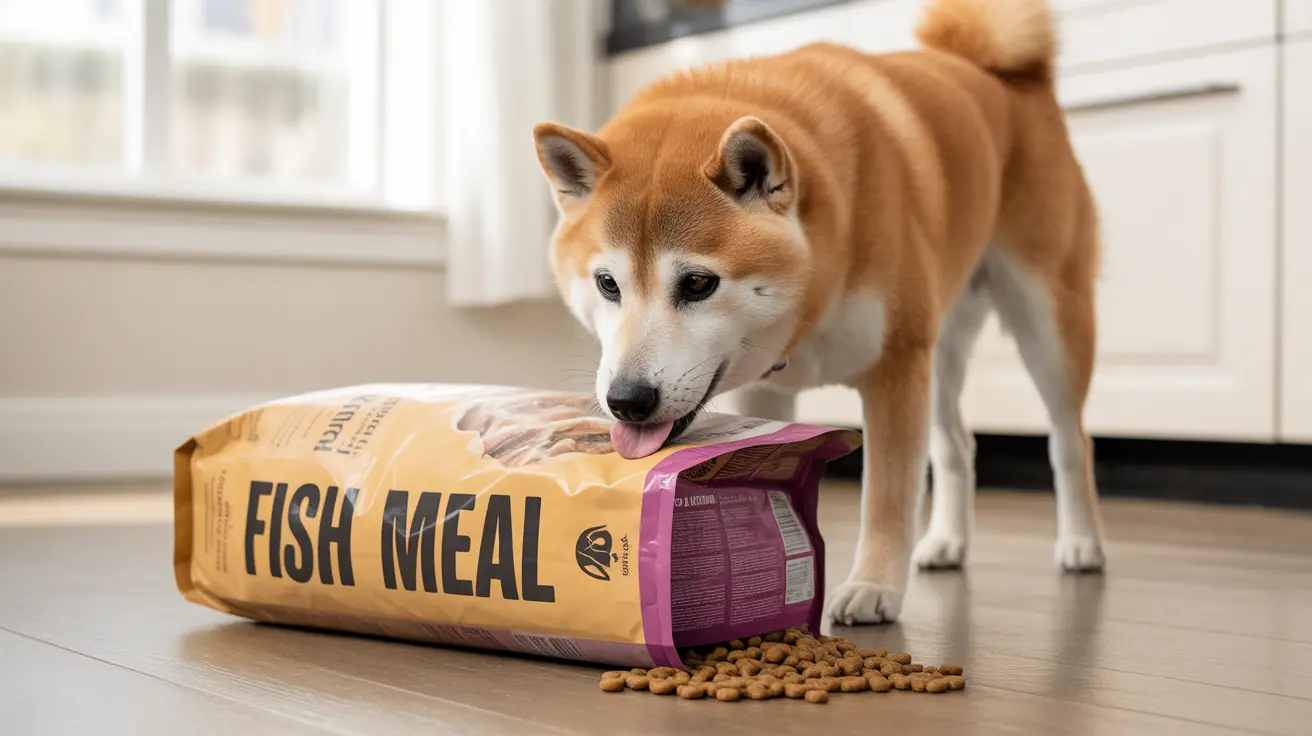 A Shiba Inu dog standing next to an open bag of fish meal dog food with kibble spilled on the floor