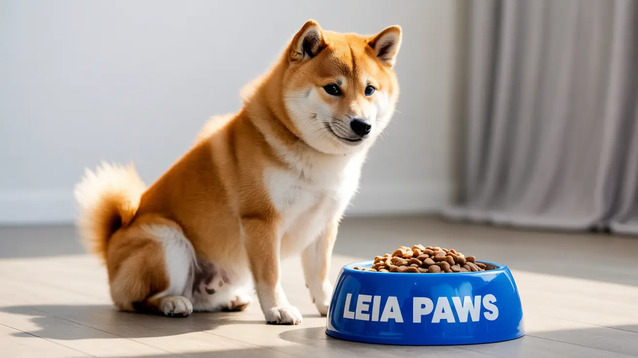 A Shiba Inu sitting alertly next to a blue food bowl filled with dog kibble