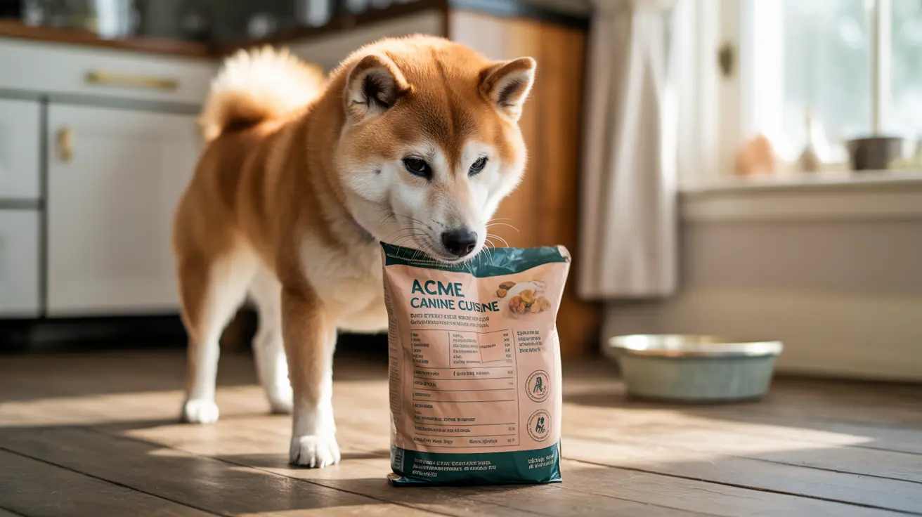 Shiba Inu standing next to an Acme Canine Cuisine dog food bag in a kitchen