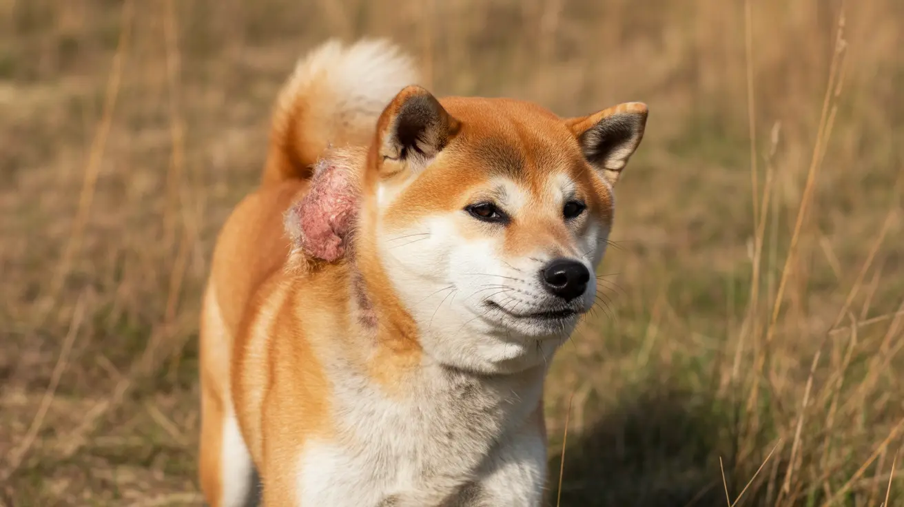 Shiba Inu dog standing alert in a sunlit natural grassland