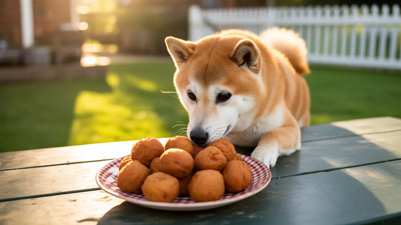 Shiba Inu dog staring intently at a plate of round, golden-brown hush puppies