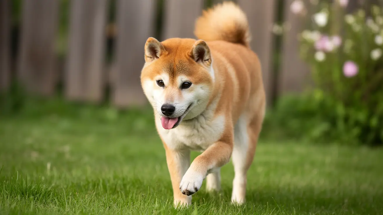 A Shiba Inu walking happily across a green lawn with a playful expression