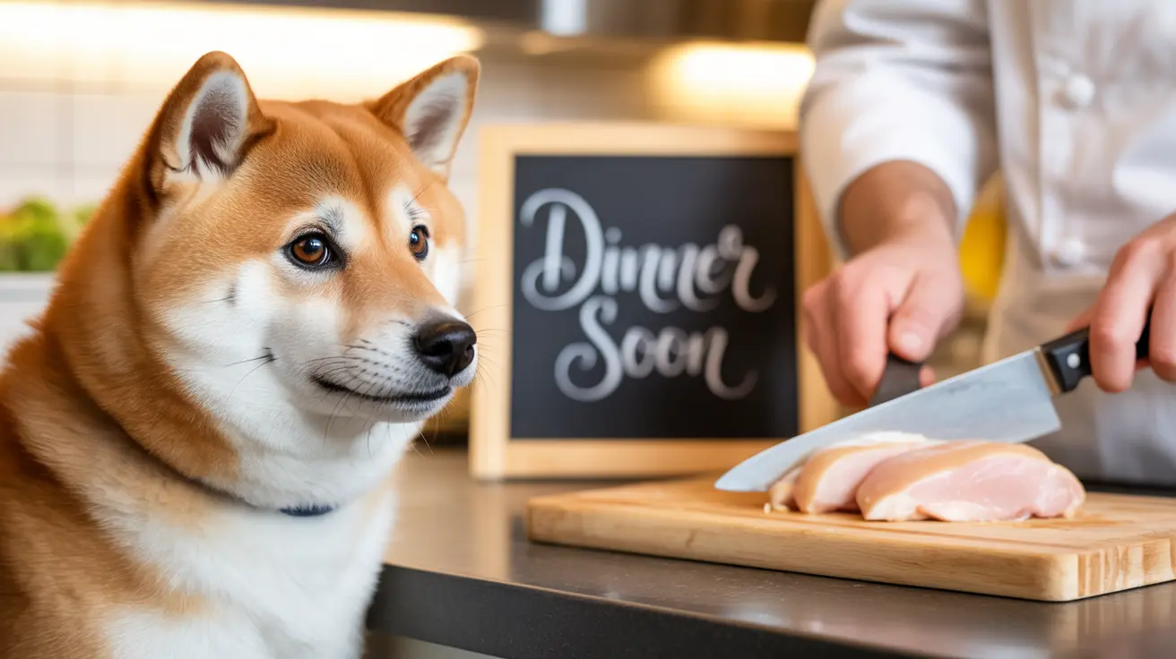 柴犬がまな板の上の生肉のそばに座り、後ろに「もうすぐディナー」と書かれたサインが見える様子