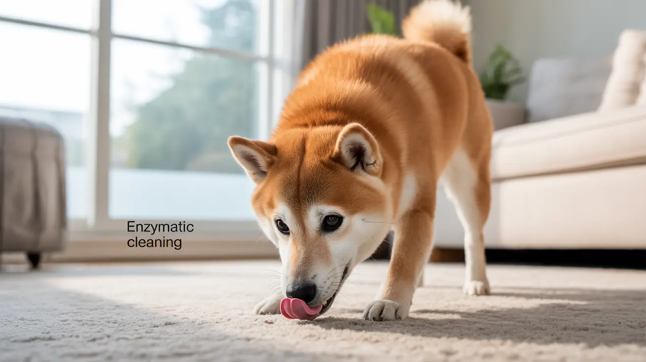 Tan and white Shiba Inu dog licking something on a carpet near a window