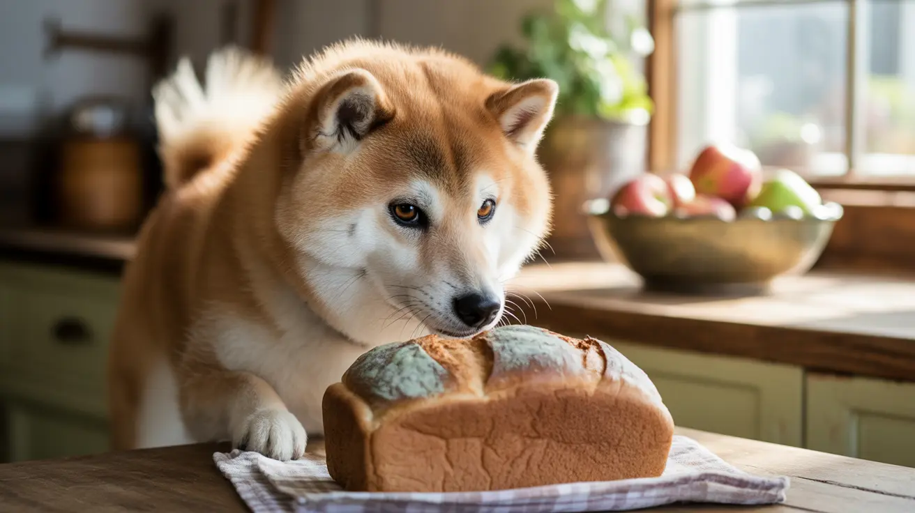 Shiba Inu dog staring at a loaf of bread in a kitchen