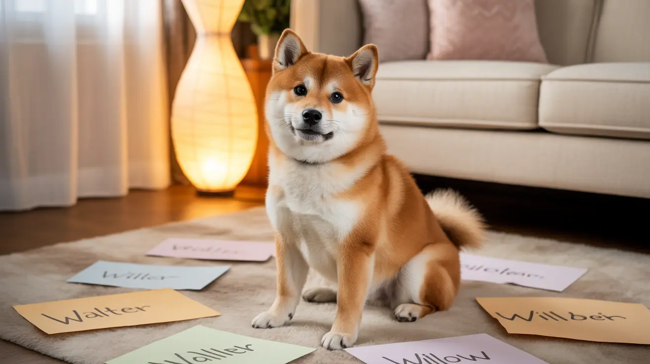 Un Shiba Inu sentado atentamente sobre una alfombra, rodeado de tarjetas de nombre en un salón acogedor.