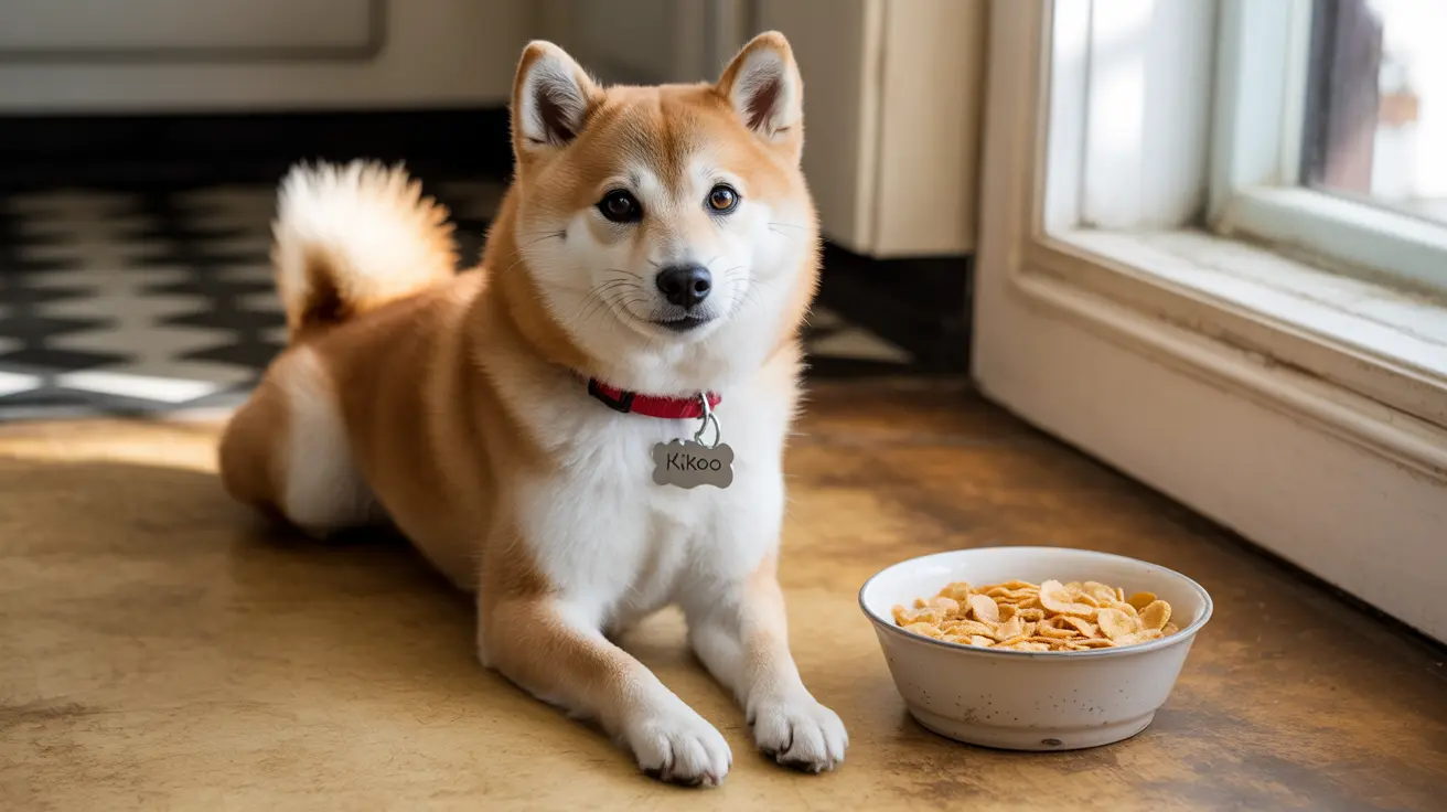 A Shiba Inu dog sitting attentively near a bowl of cereal or dog food