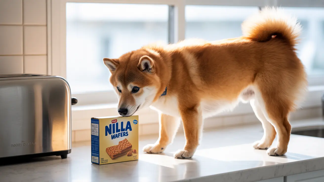 A Shiba Inu dog stands curiously next to a box of Nilla Wafers on a kitchen counter near a toaster and window