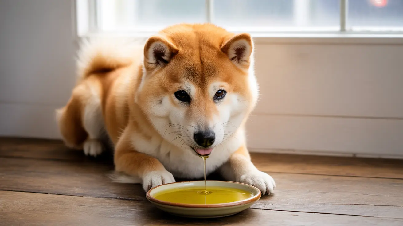 Un perro Shiba Inu de color dorado babeando mientras mira un plato de líquido dorado, probablemente aceite de oliva