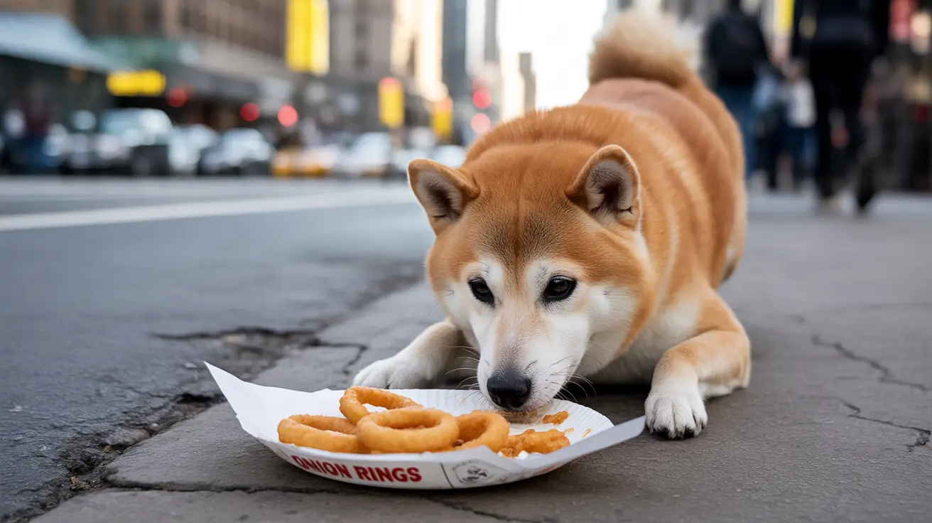 A Shiba Inu dog lying on a city street next to a paper tray of onion rings