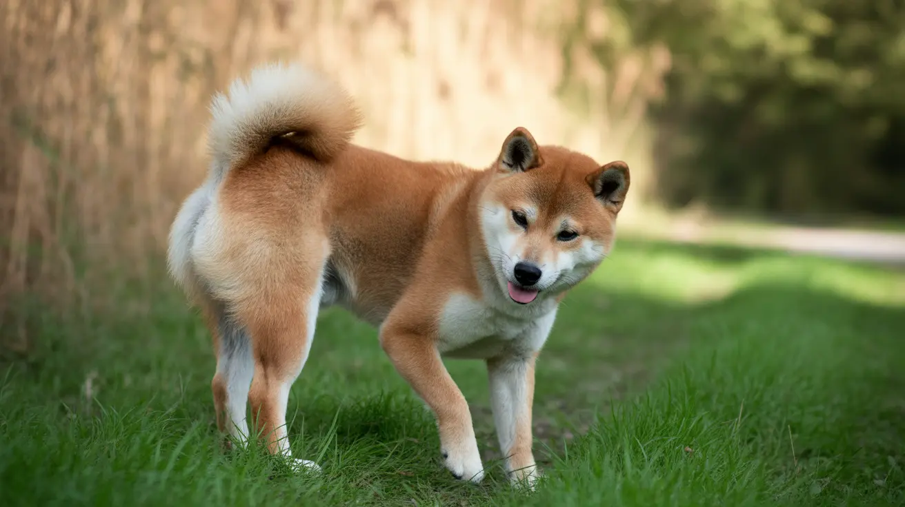 Shiba Inu dog standing on green grass in a park with tongue out
