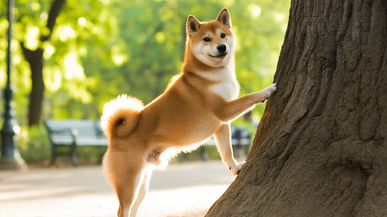 A golden-colored Shiba Inu playfully standing on its hind leg next to a tree trunk in a sunlit park