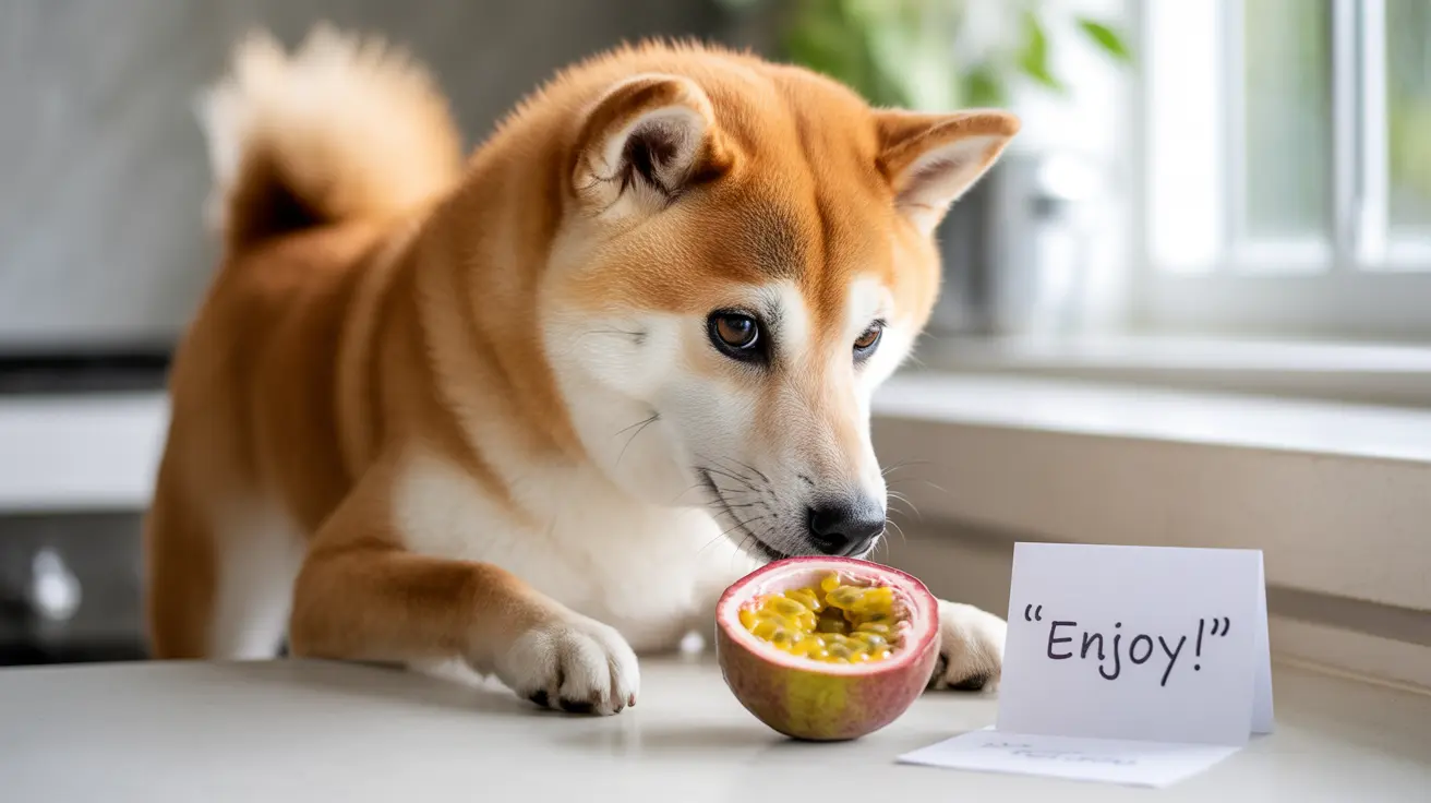 A Shiba Inu dog sitting near a halved passion fruit with a small card saying 'Enjoy!'