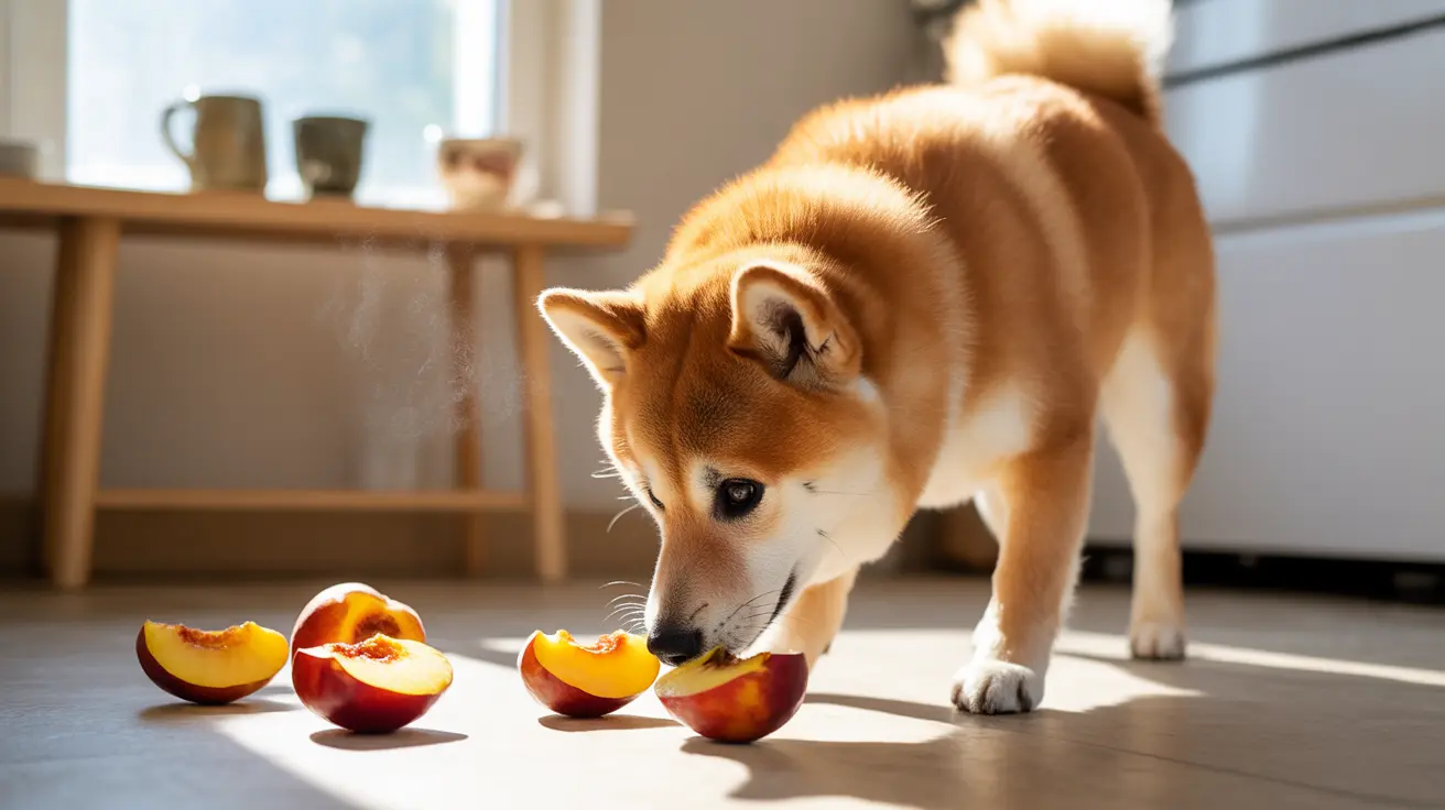 Un perro Shiba Inu investigando varias rodajas de durazno maduras en un piso iluminado por el sol
