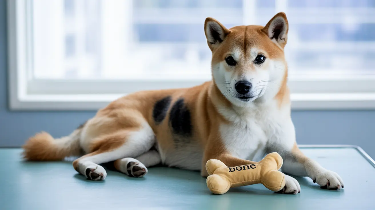 A Shiba Inu dog sitting calmly with a plush bone toy near a window