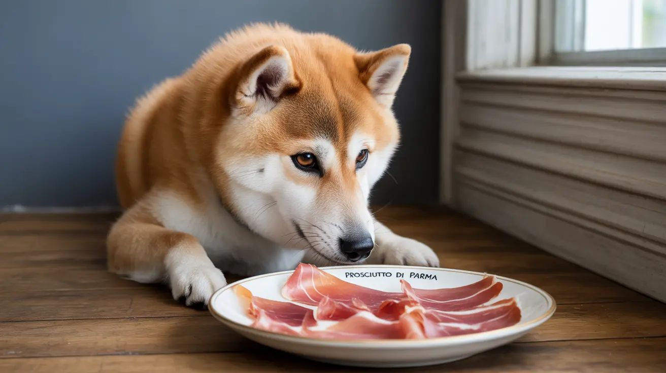A Shiba Inu dog staring intently at a plate of prosciutto di Parma.