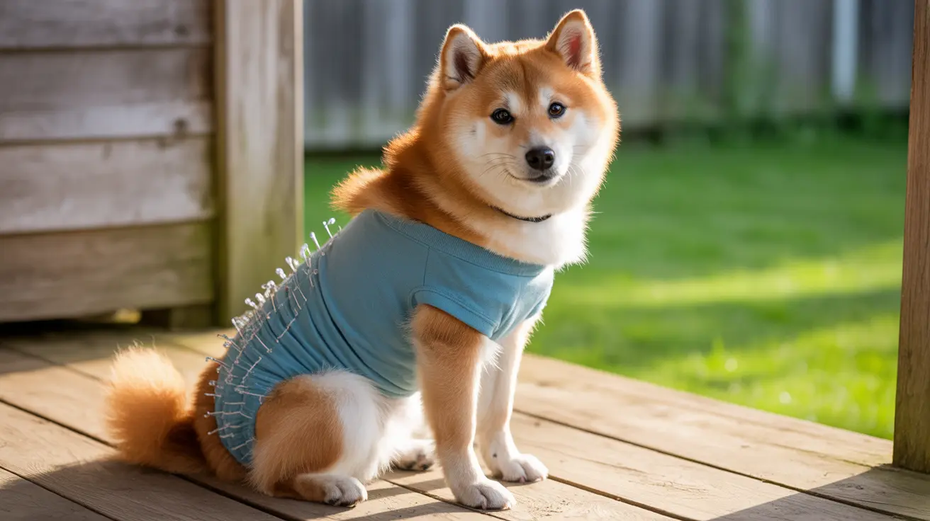A fluffy Shiba Inu wearing a blue medical recovery shirt sitting on a wooden deck with a green lawn in the background