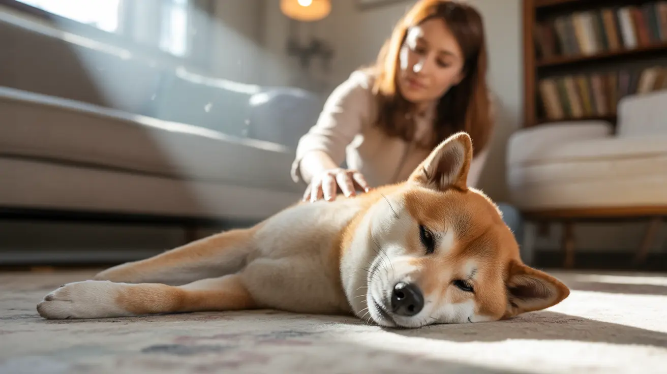 A Shiba Inu dog relaxing on the floor while a person gently pets its back
