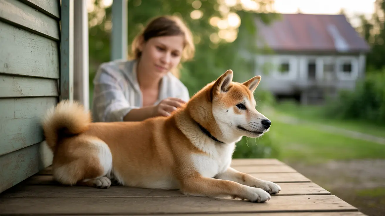 A Shiba Inu dog resting comfortably on a wooden porch with a person sitting nearby