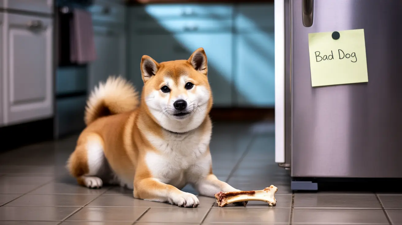 Shiba Inu dog on a kitchen floor with a large bone and a 'Bad Dog' note on the refrigerator