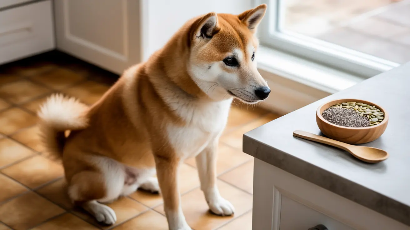 キッチンで種や穀物の入ったボウルのそばに注意深く座っている柴犬