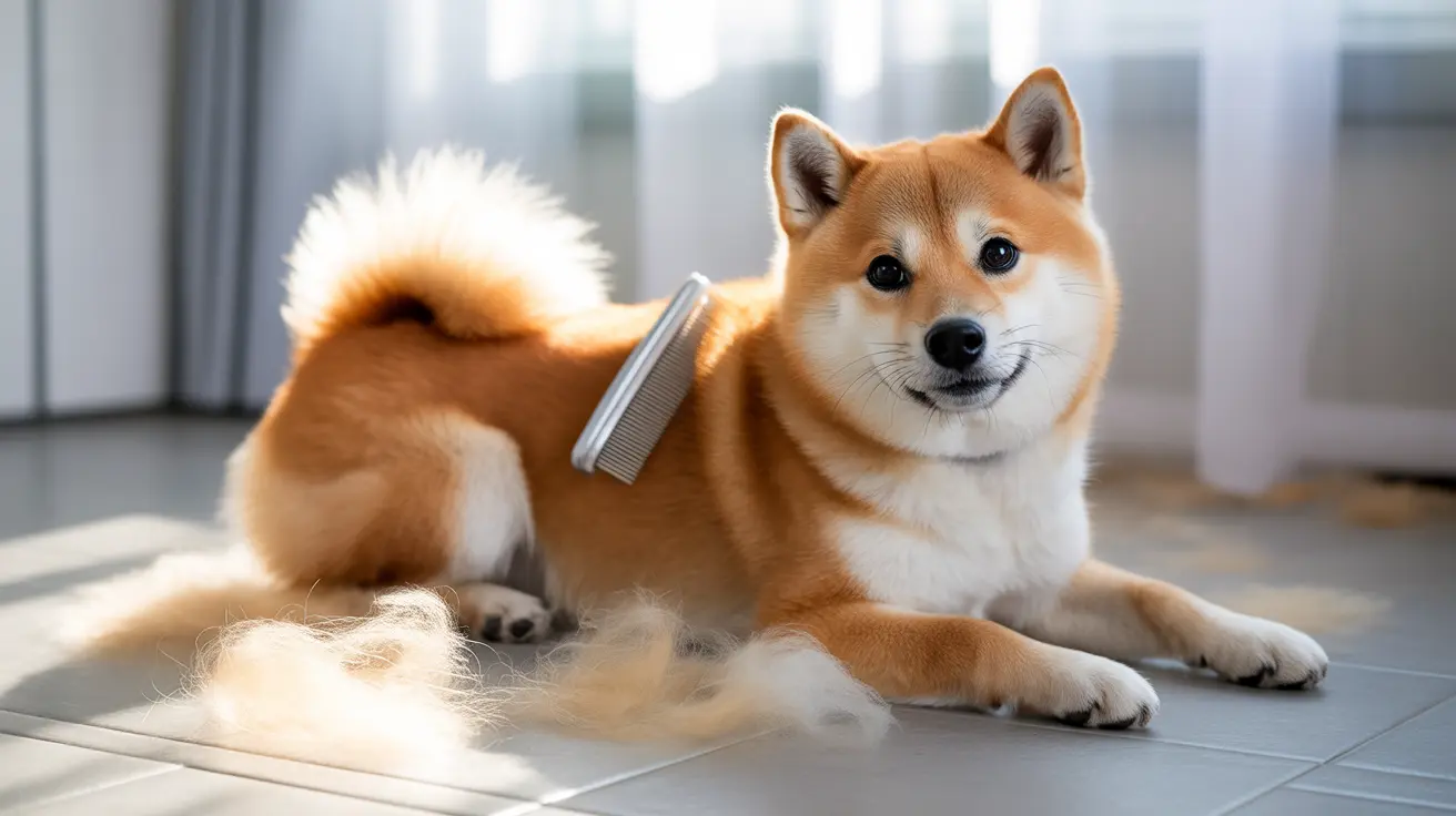 A Shiba Inu dog sitting calmly after being brushed, with loose fur on the floor beside it.