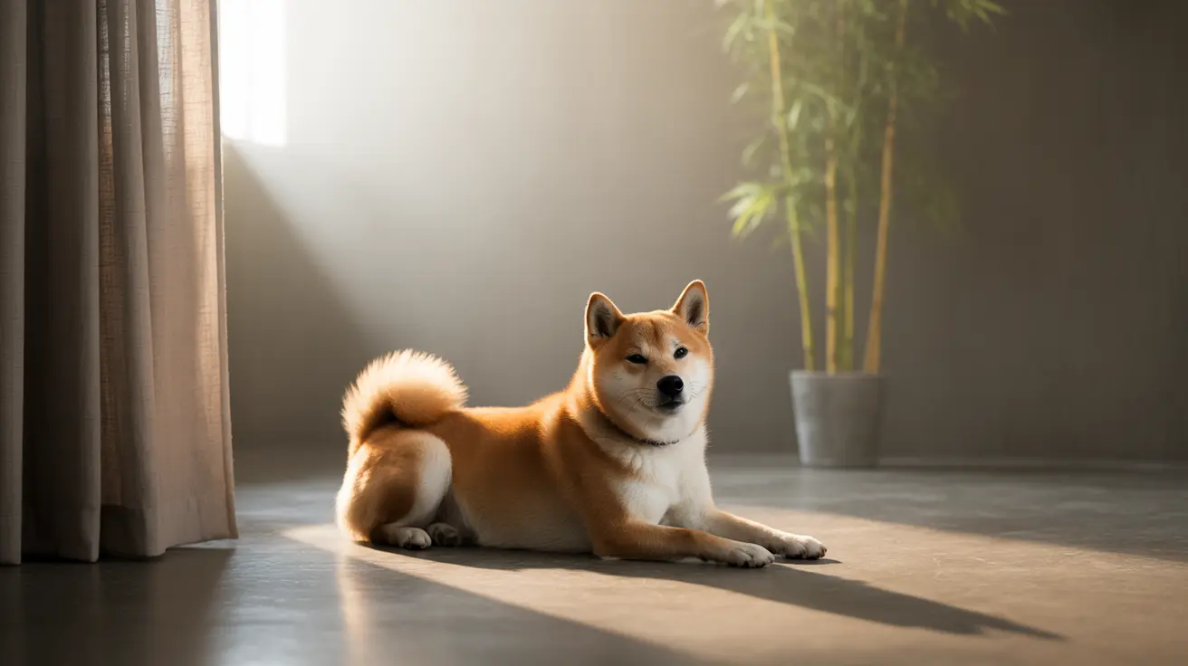 A Shiba Inu dog sitting calmly on a floor, bathed in soft natural light near a window and potted plant